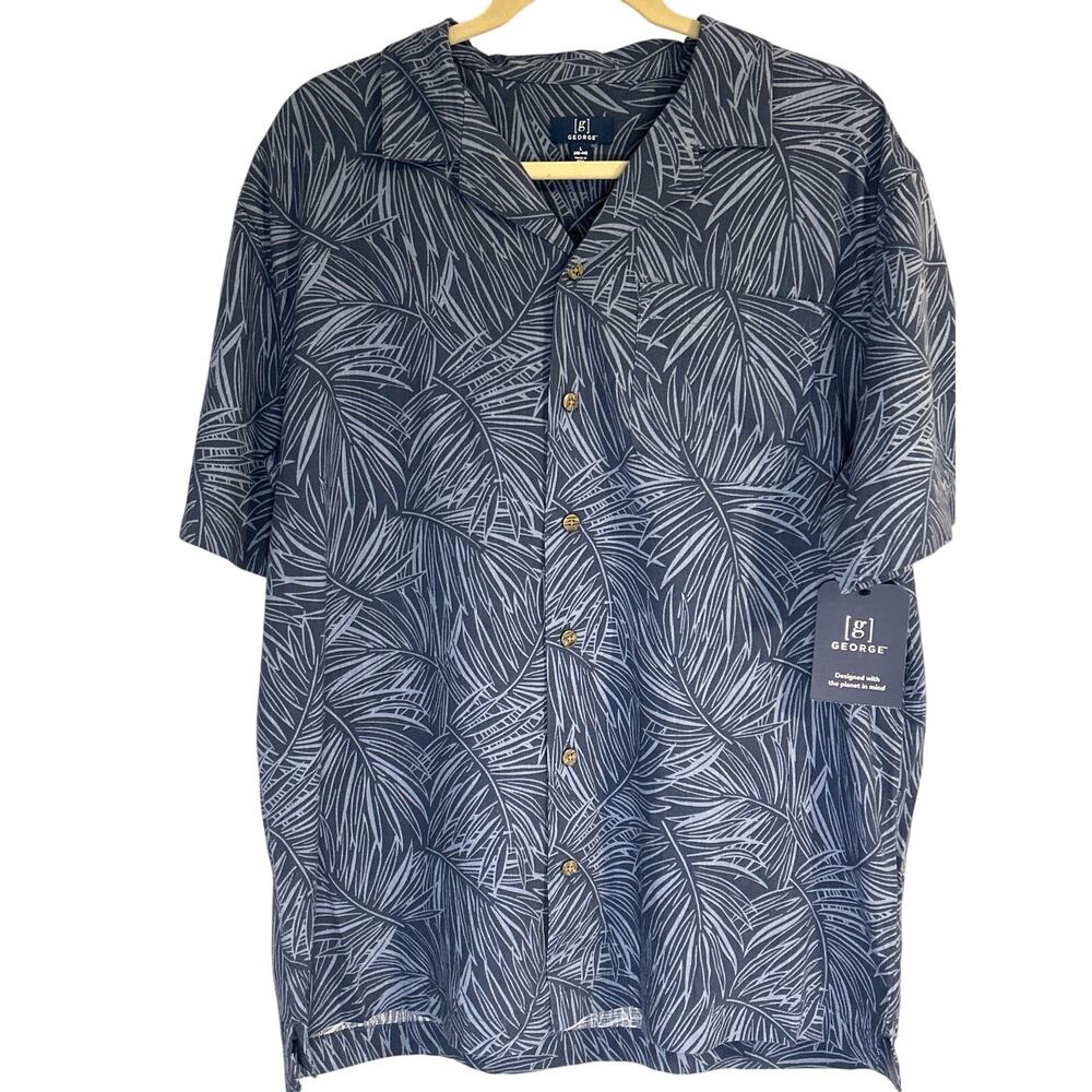 George Men’s Hawaiian Shirt Blue Palms Size Large Short‎ Sleeve Button Up NWT - Picture 2 of 8